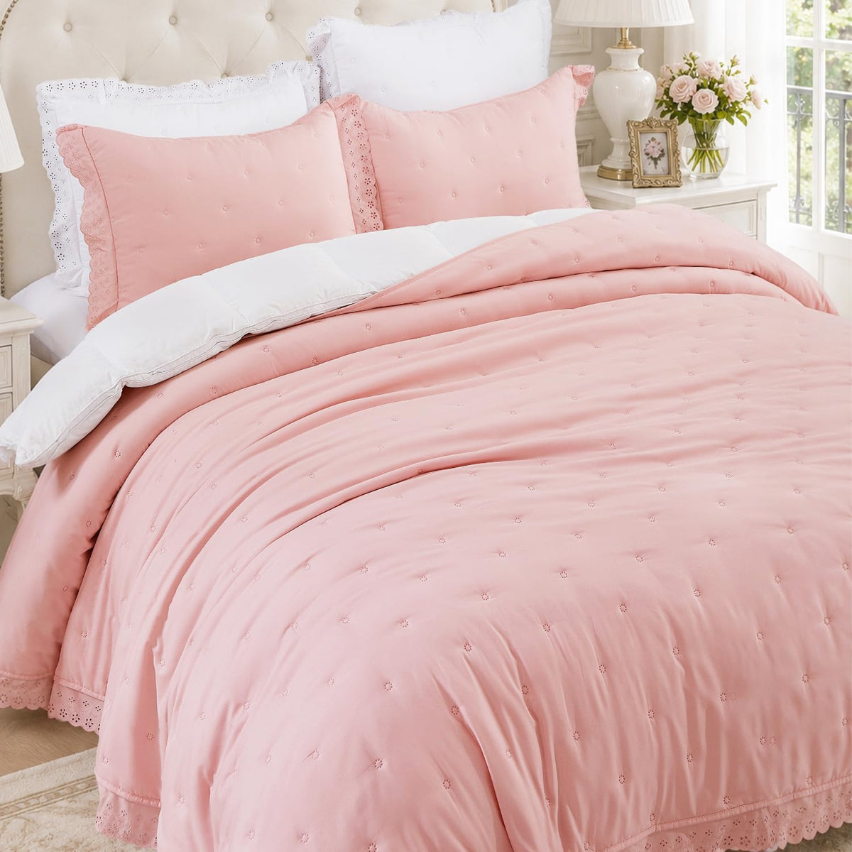 Pink Ruffle Quilt Set 68x90, Soft Lace Trim Bedding