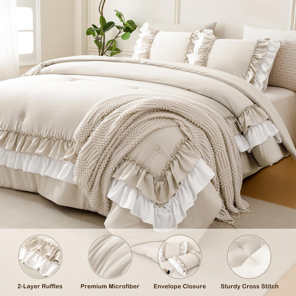 Ruffled Comforter Set, Farmhouse Shabby Boho Chic Bedding Wheat and White Ruffle Comforter Vintage Rustic French
