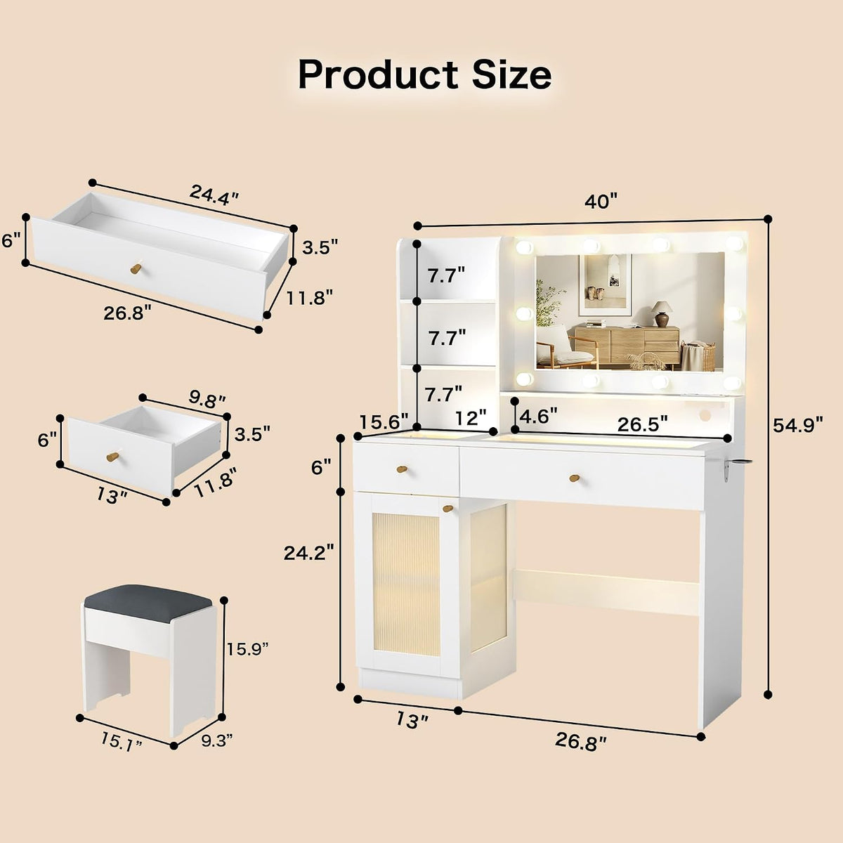 White Makeup Vanity Desk: 40" Vanity Desk with Mirror and Lights and Chair, Modern Makeup Table with Glass Top, 4