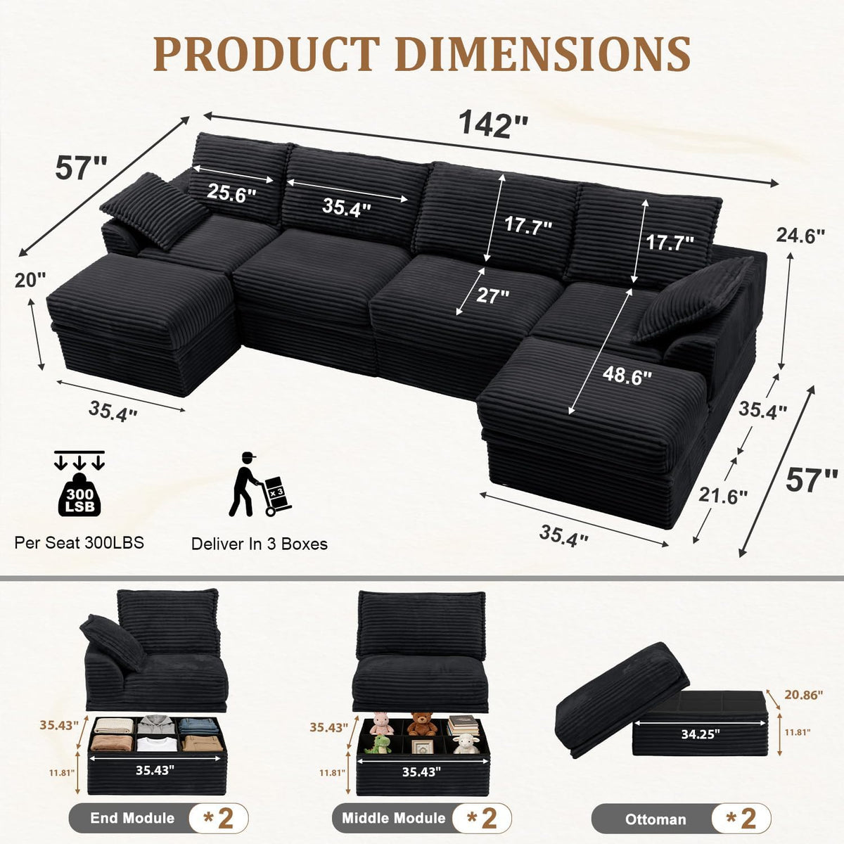 Upgrade Boneless Couch with Storage, Extra Deep&High Seat Modular Sectional Sofa 4 Seater U Shaped Cloud Couch with