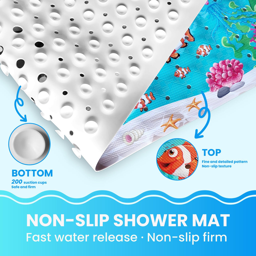 Baby Bath Tub Mat, 40 x 16 Inch Extra Large Non Slip Kids Cartoon Bathtub Shower Mats with Suction Cups & Drain