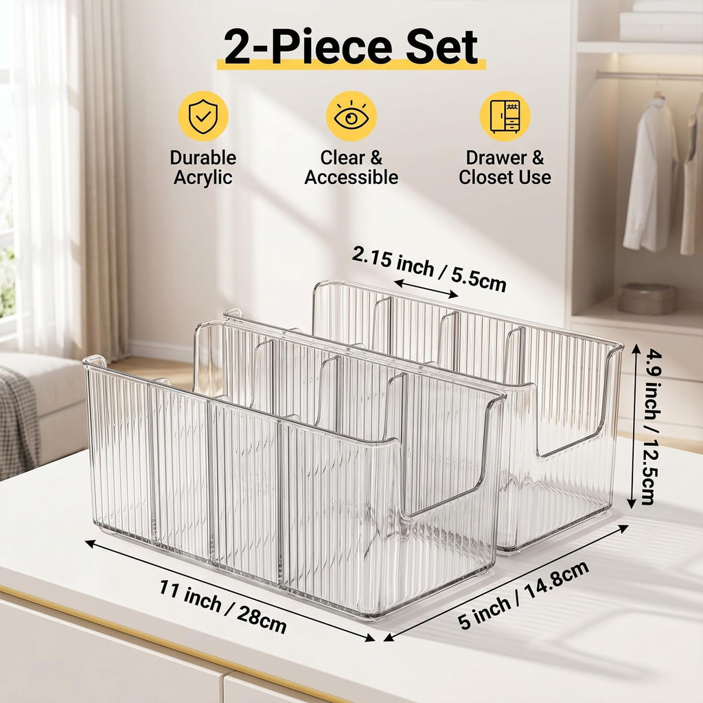 Acrylic Belt Organizer, 2 Pack Clear Belt Storage Box with 4 Adjustable Compartments, Stackable Durable Acrylic Belt