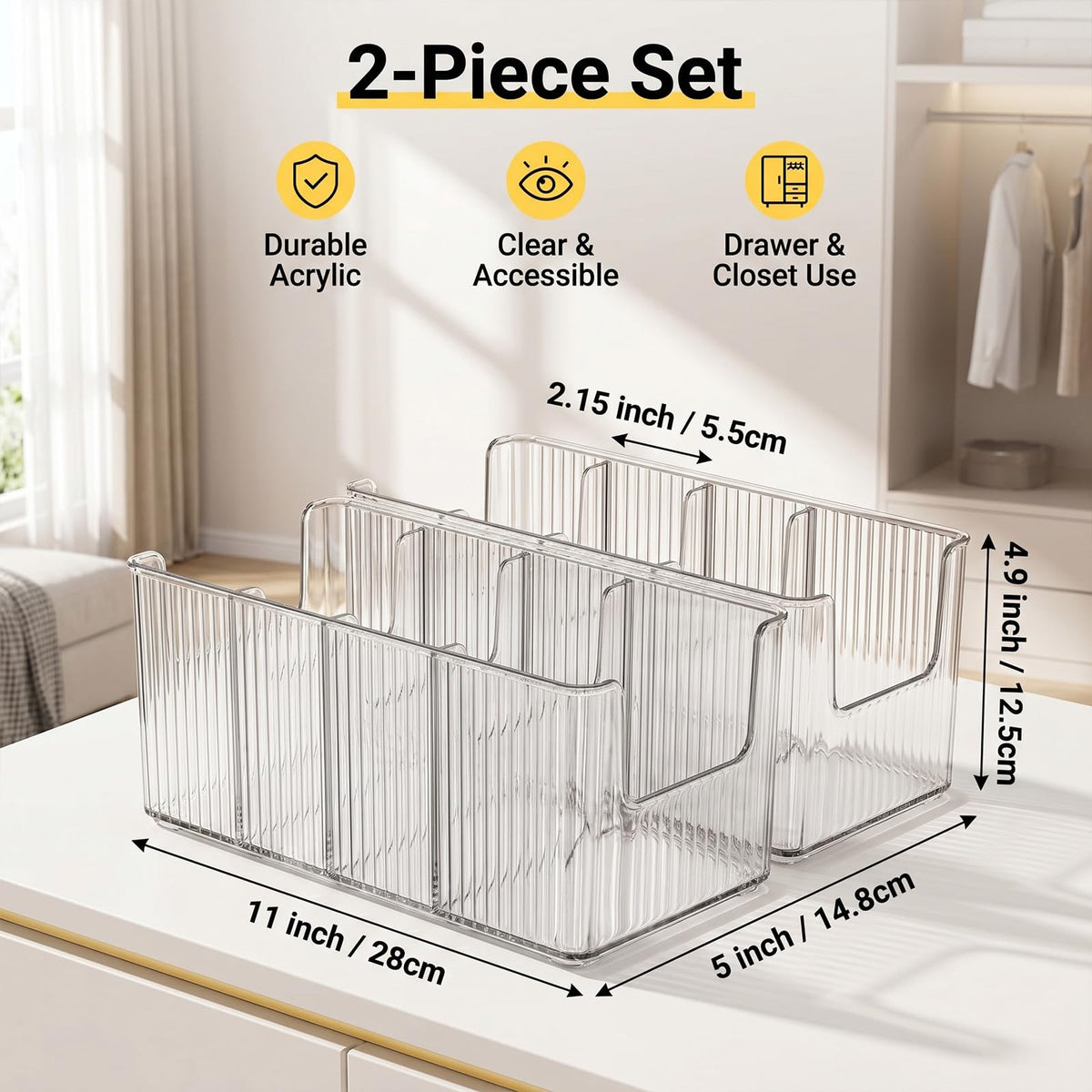 Acrylic Belt Organizer, 2 Pack Clear Belt Storage Box with 4 Adjustable Compartments, Stackable Durable Acrylic Belt