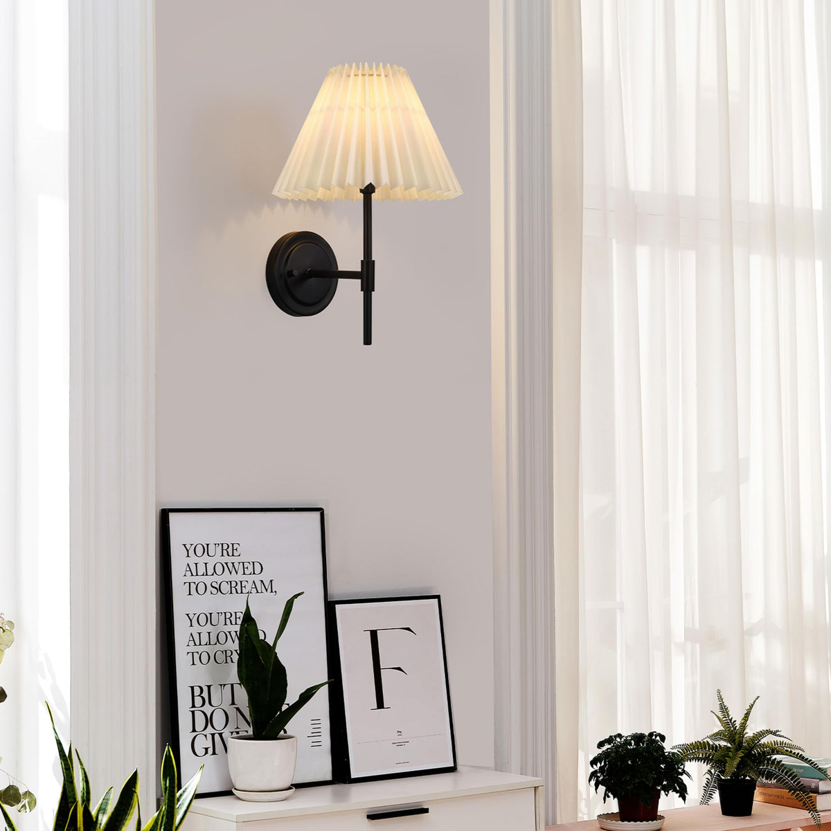 Wall Sconce, Matte Black, White Pleated Fabric Shade, E12 Base Socket, Candelabra Bulb, Living Room Lighting