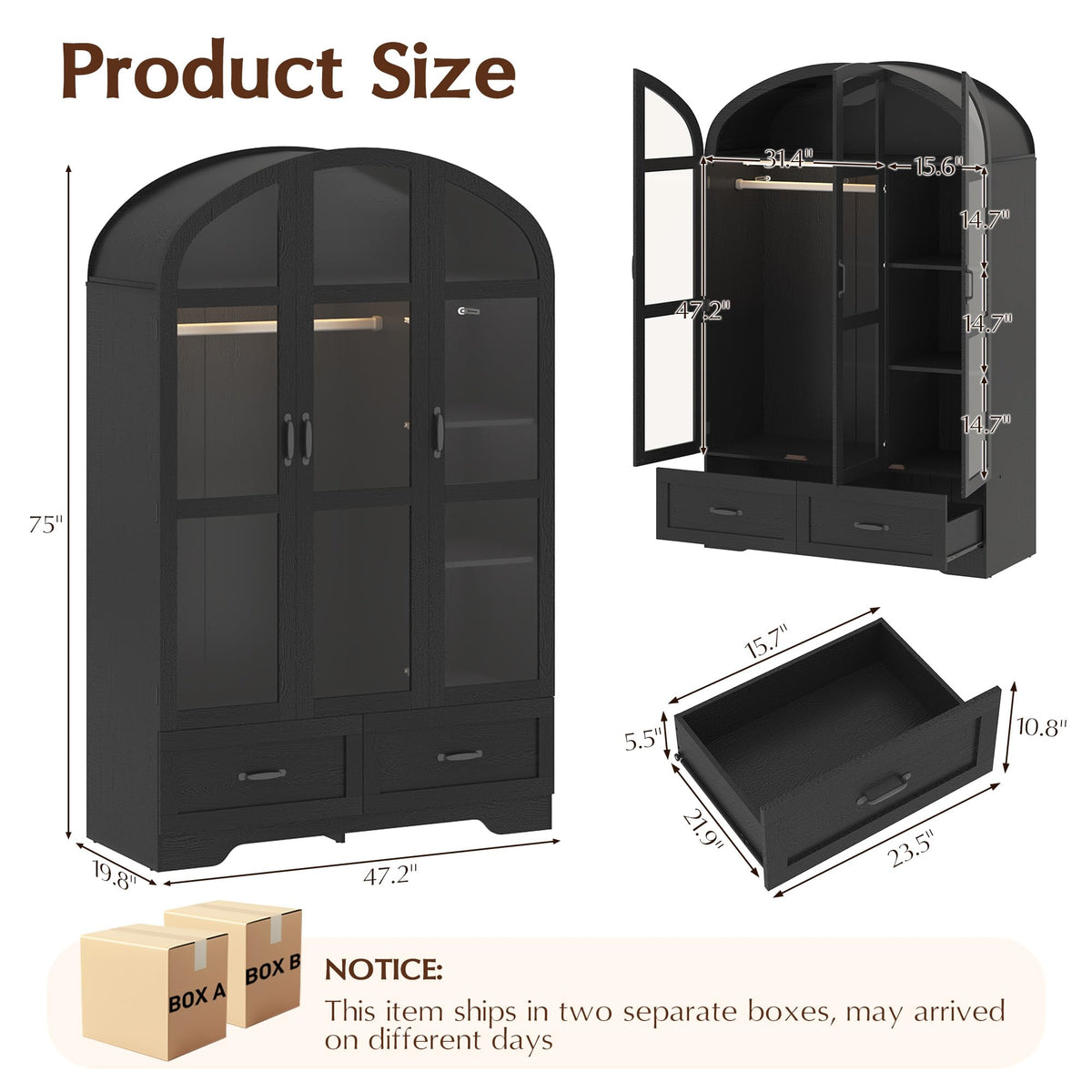 75"Arched Wardrobe Closet with 3 Doors, Bedroom Armoire with LED & Drawers