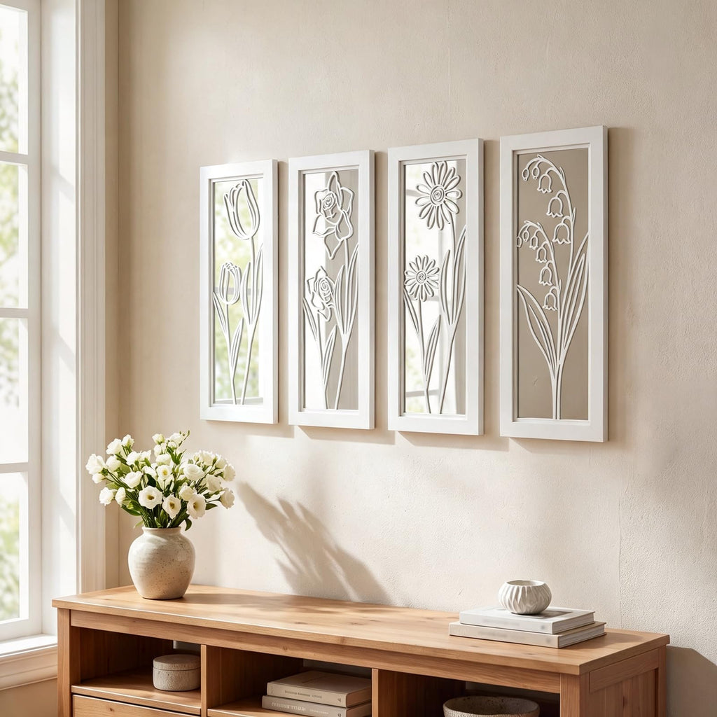 4 Set Rustic Wall Mirrors Bathroom Living Room Entryway Wood Farmhouse Rectangular Easy to Hang Framed Decorative