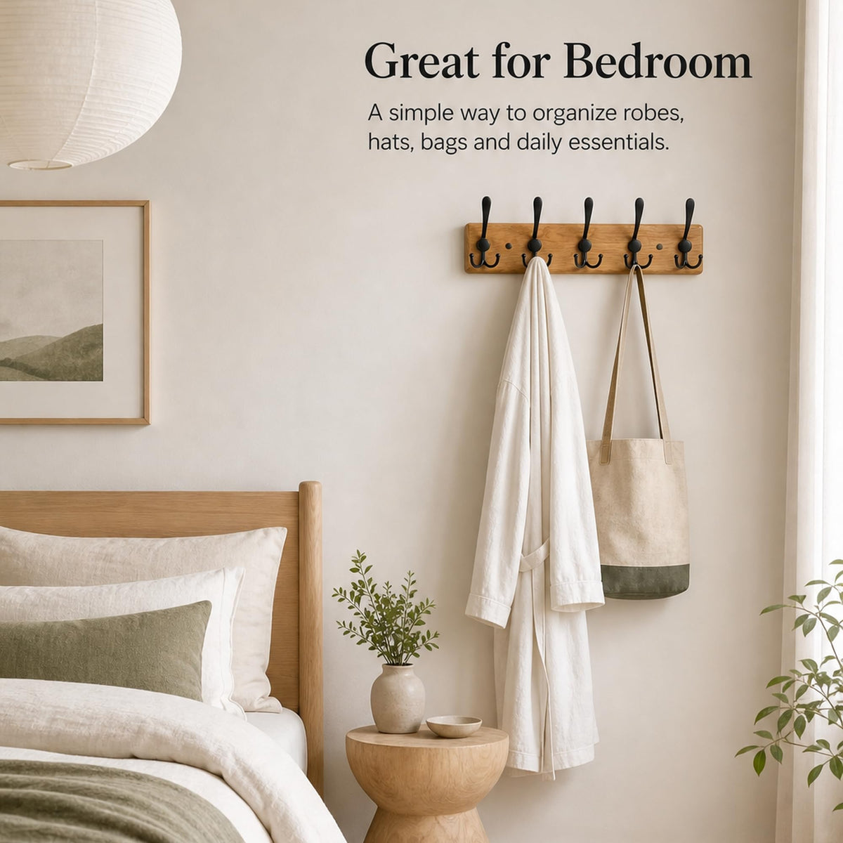 Solid Oak Rustic Coat Rack Wall Mount with 5 Hooks, 17 Inch