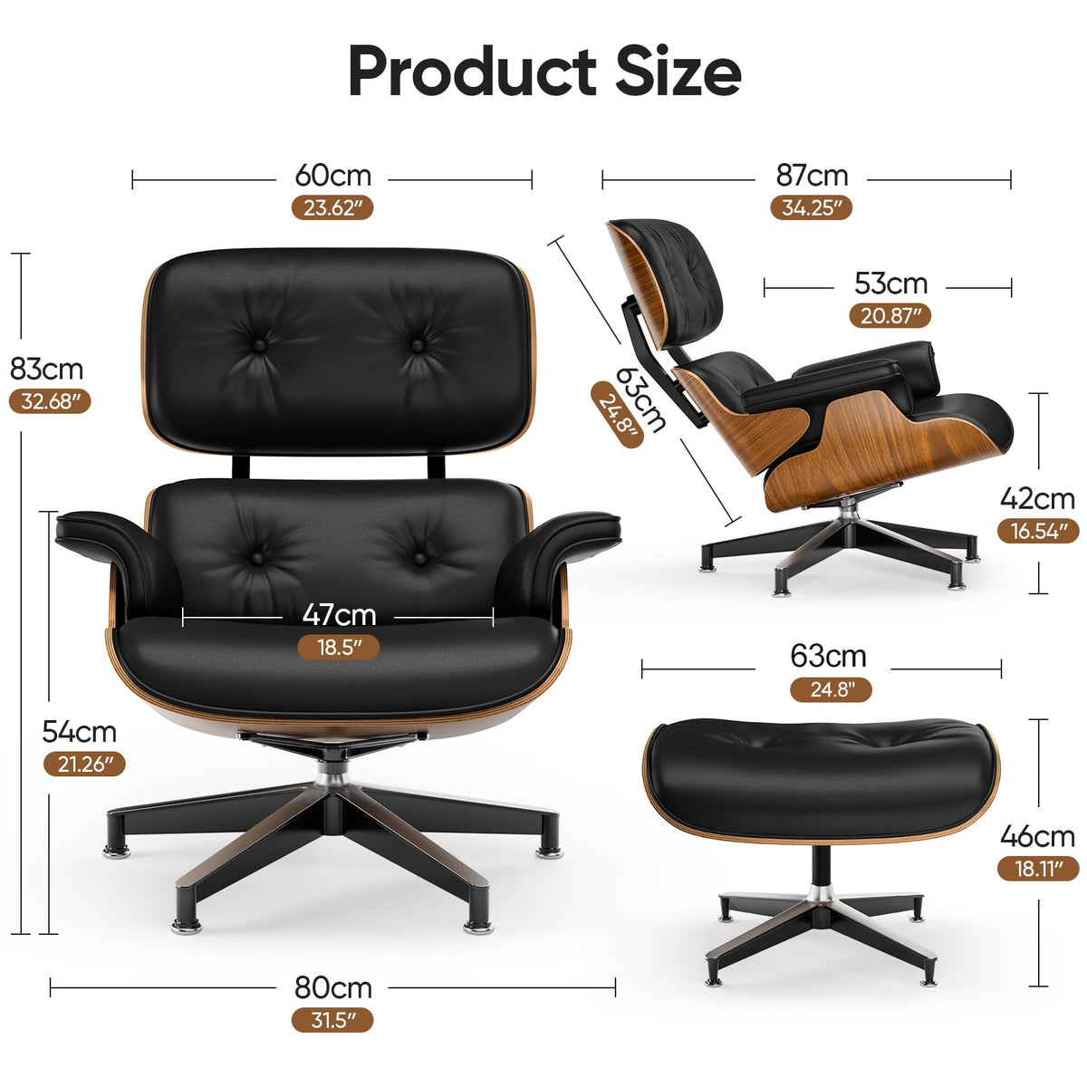 Inspired Eames Style Mid Century Modern Top PU Leather Chaise Lounge Chair & Ottoman