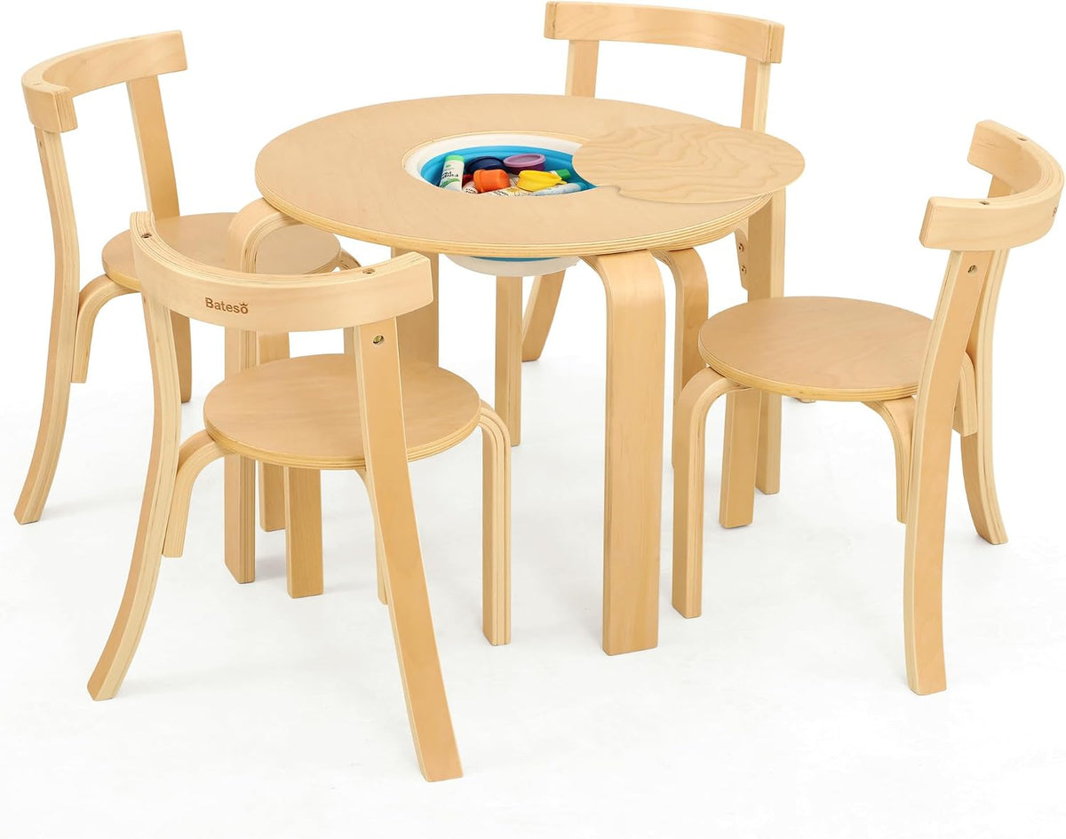 Kid Round Table and 4 Chairs Set with Storage Tub, Wooden Toddler Table Chair for Arts, Crafts, Eating, Learning, Kid