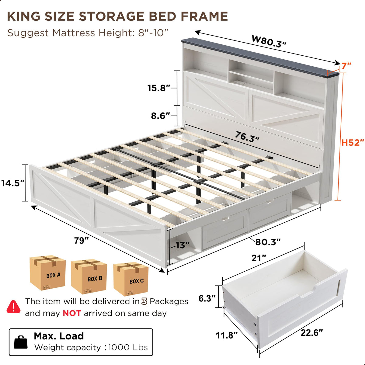 Farmhouse Bed Frame with 52" High Storage Bookcase Headboard and 4 Drawers, Wooden Bed Frame with LED Light