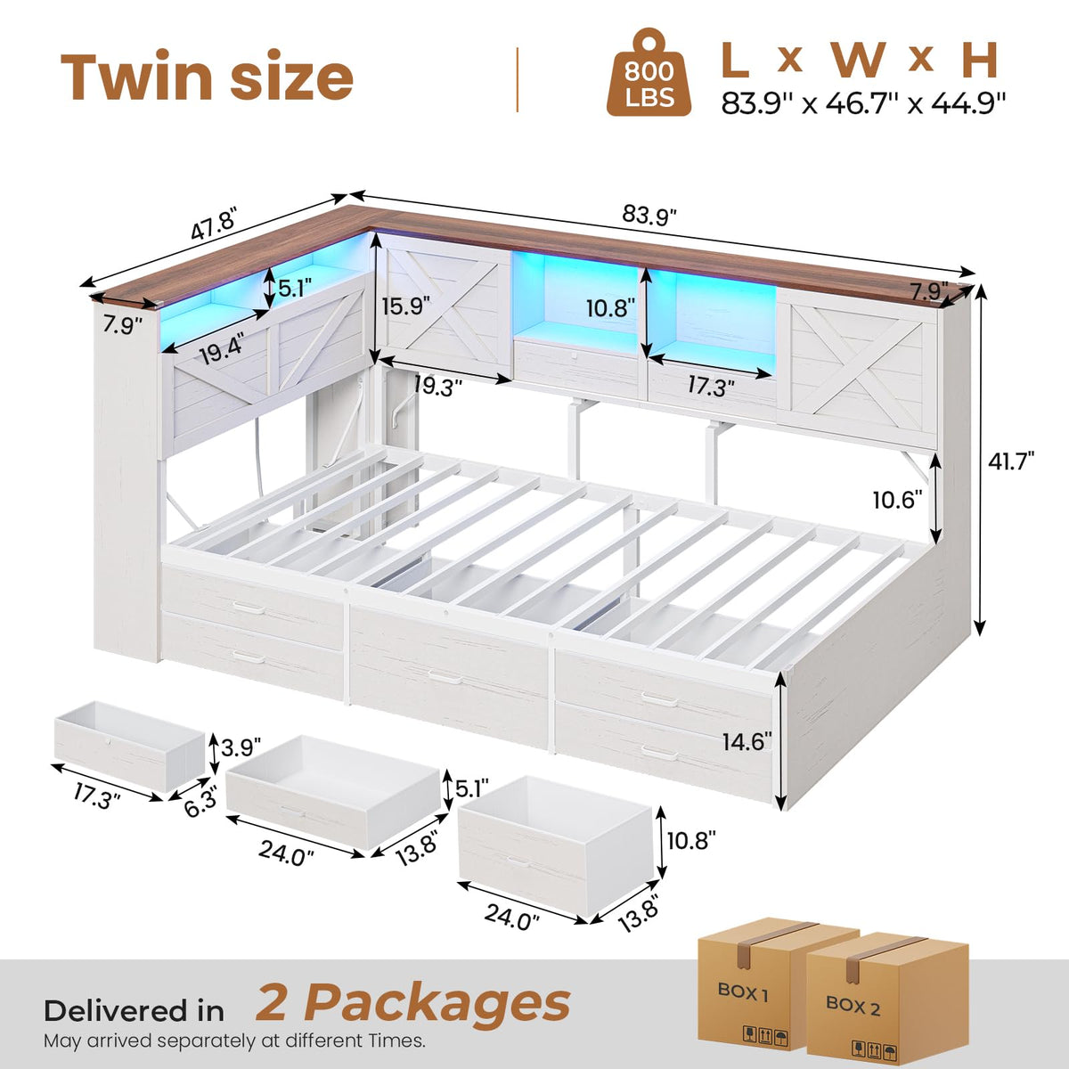 Farmhouse Corner Bed with 7 Drawers & Sliding Doors, White