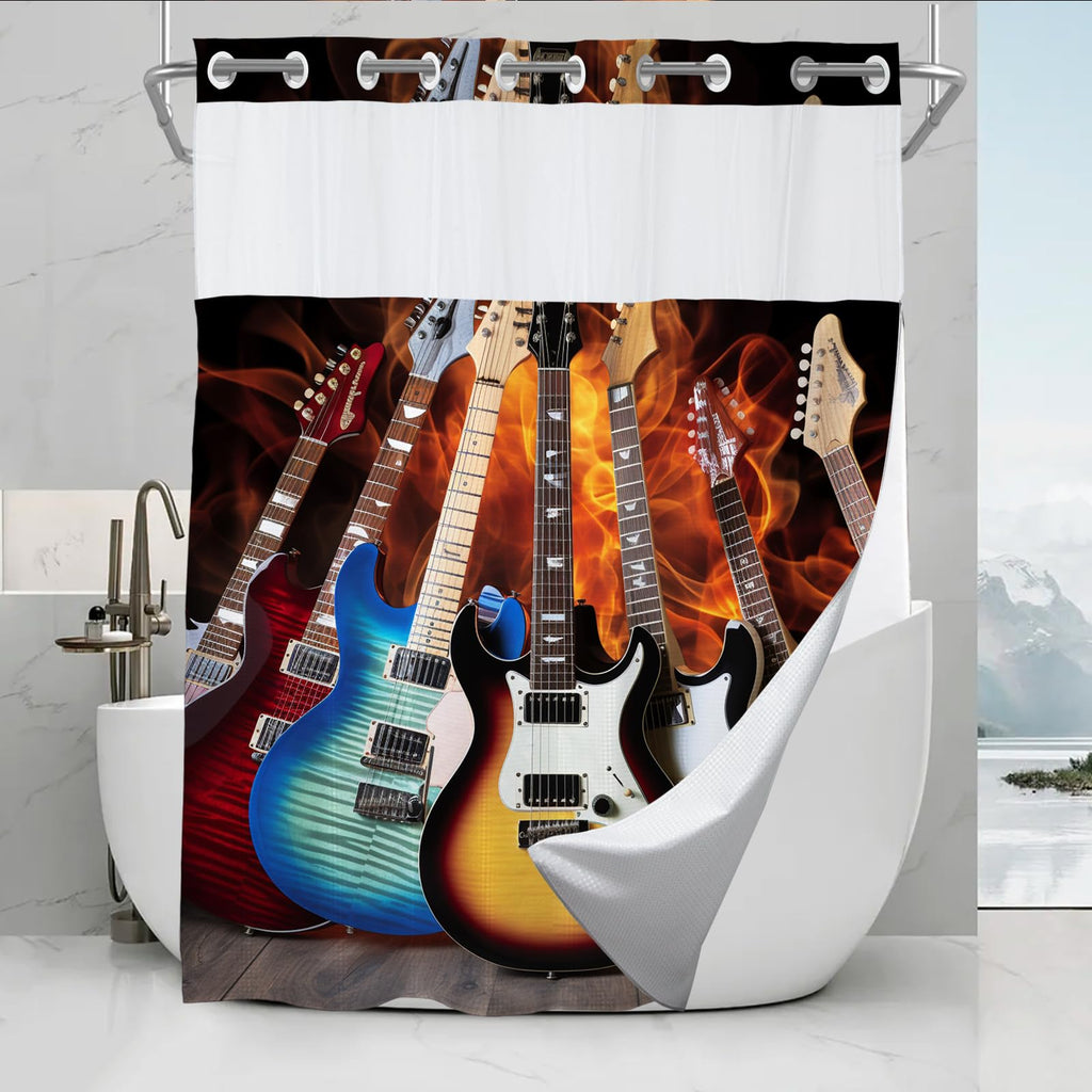 Vintage Funny Guitar Theme No Hook Waffle Weave Shower Curtain with Snap in Liner Cool Western Aesthetic Funky