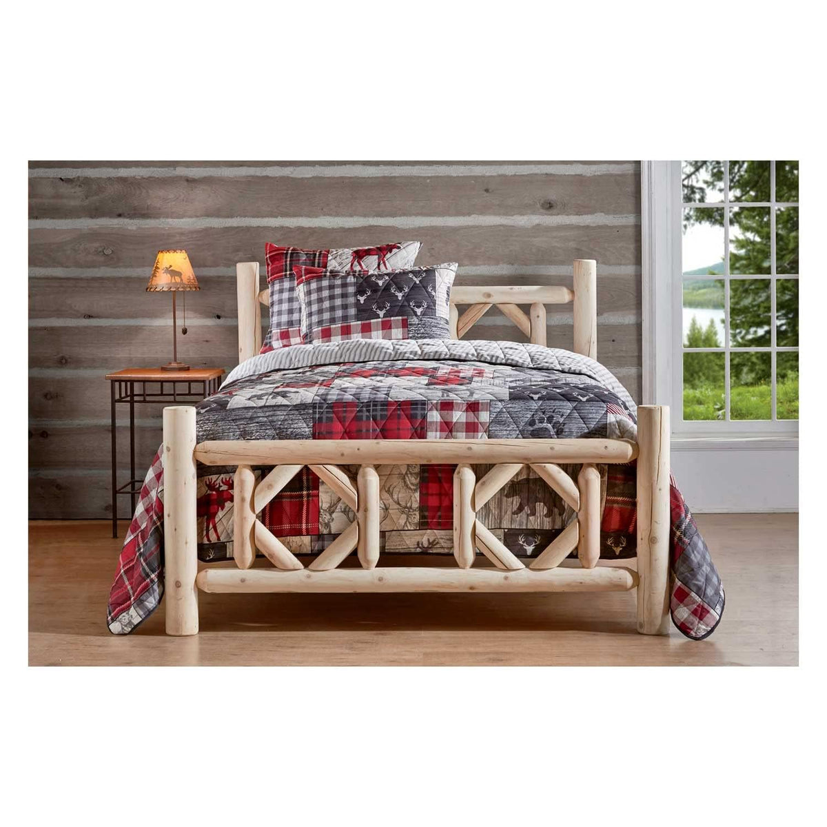 Diamond Cedar Log Bed Frame, Rustic Natural Wood King Bed Frame with Headboard