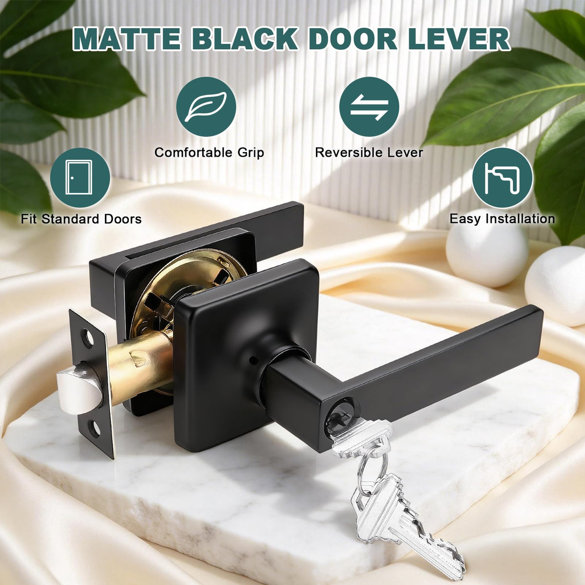 Keyed Alike Entry Door Handles with Lock and Keys, Matte Black Entry Door Lock Sets for Exterior & Interior Doors