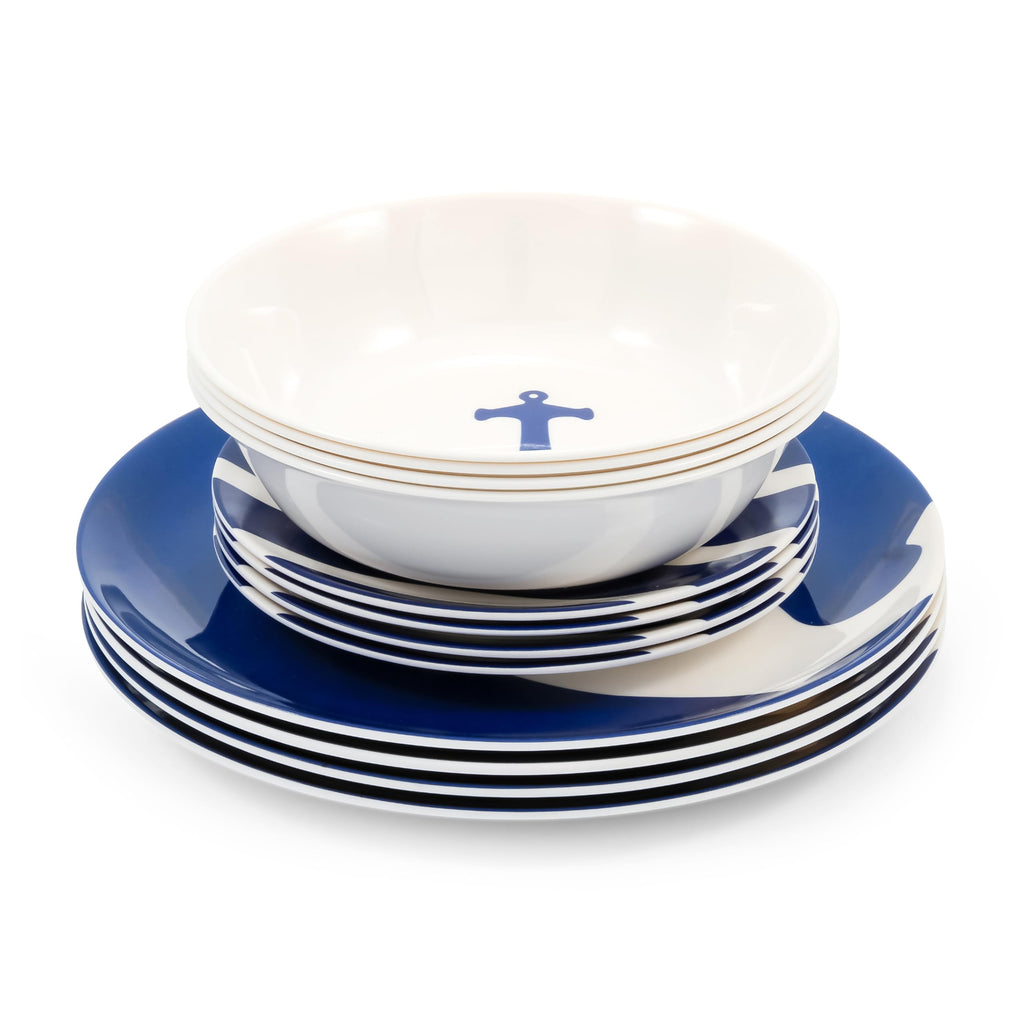 12 Piece Melamine Dishware Set - Features Blue and White Nautical Design - Includes 4 Bowls, 4 Salad Plates, & $