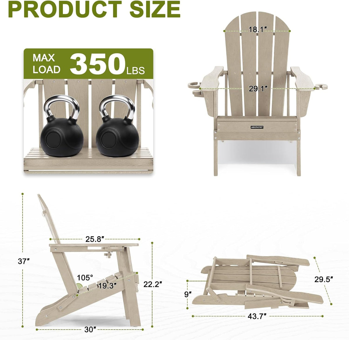 Adirondack Chair HDPE Cup Holders Heavy Duty Patio Woodgrain Sand