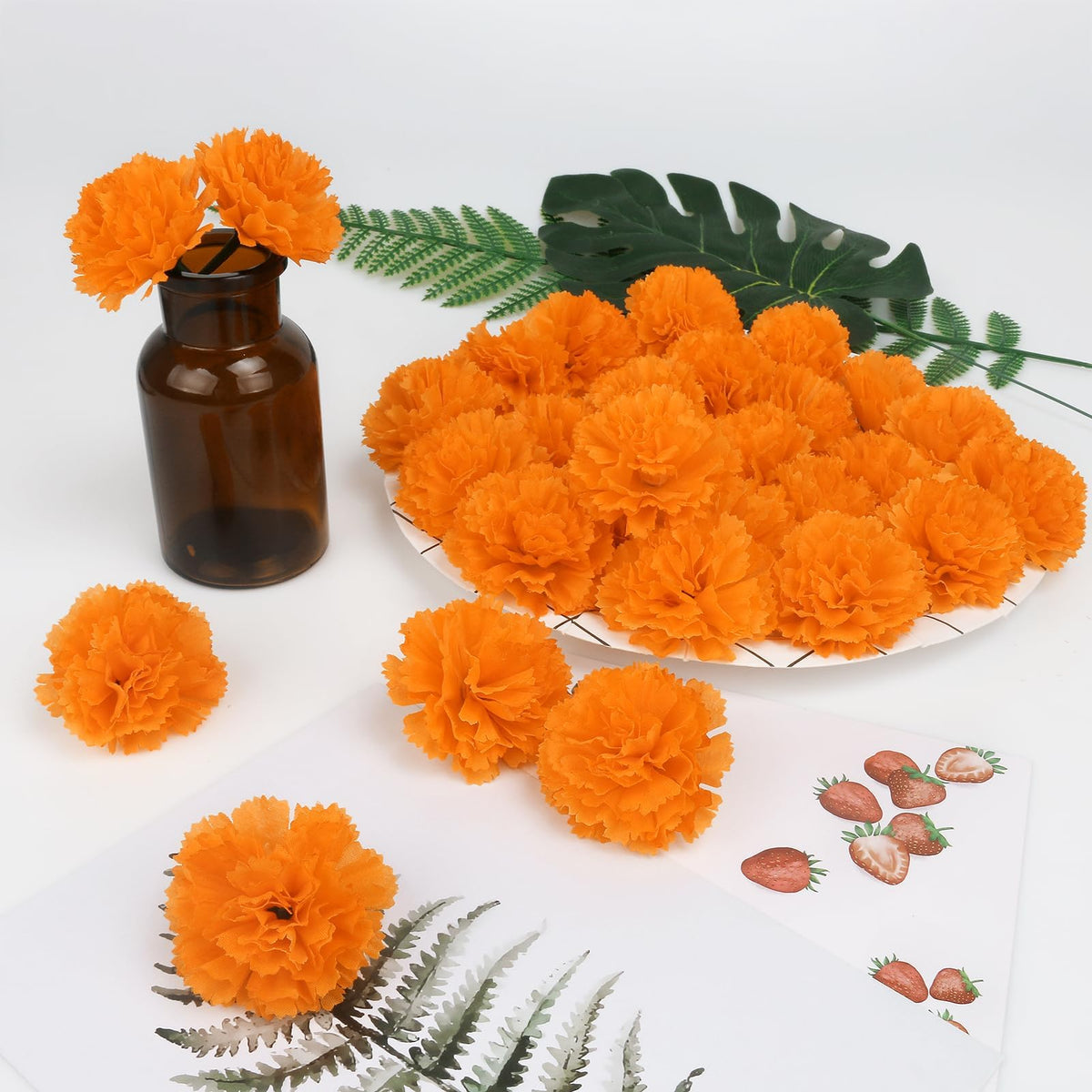 80 Pcs Artificial Marigold Flowers, 2" Silk Marigold Flower Heads with Stems, Orange Flowers Artificial for Diwali