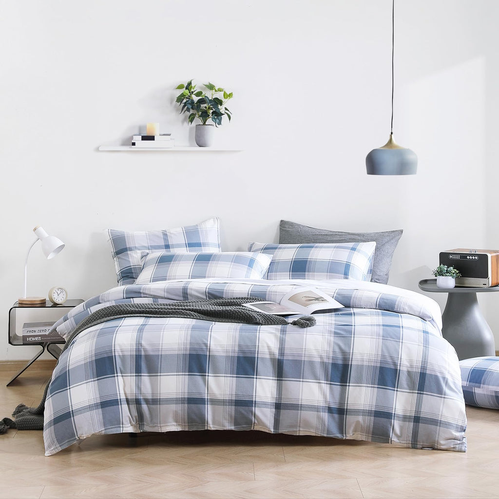 Modern Denim Blue Gray Plaid Cotton Comforter Set 3PC