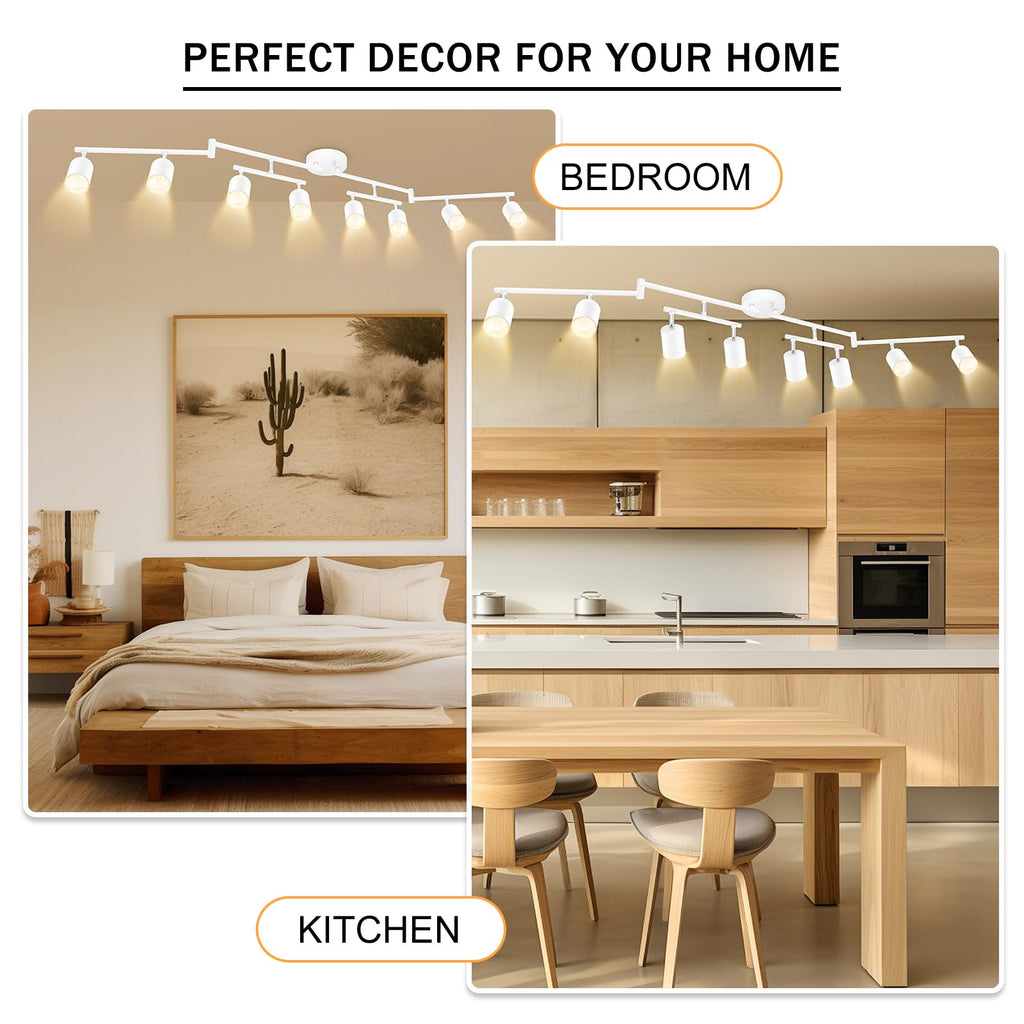 LED 8 Light Track Lighting Kit, White 8 Way Ceiling Spot Lighting, Flexibly Rotatable Light Head, GU10 Bulb Not
