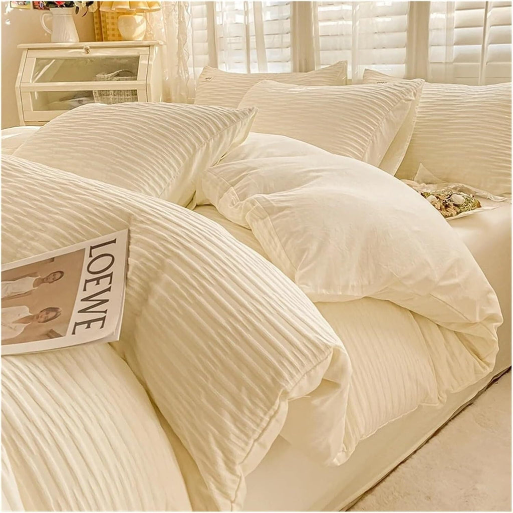 Double Faced Seersucker Fabric Bedding Set Soft Double Duvet Cover Bedding Set(Green)
