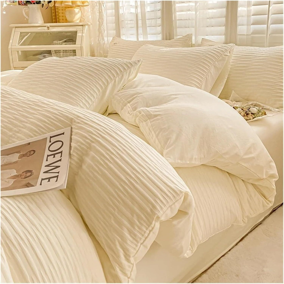 Double Faced Seersucker Fabric Bedding Set Soft Double Duvet Cover Bedding Set(Green)
