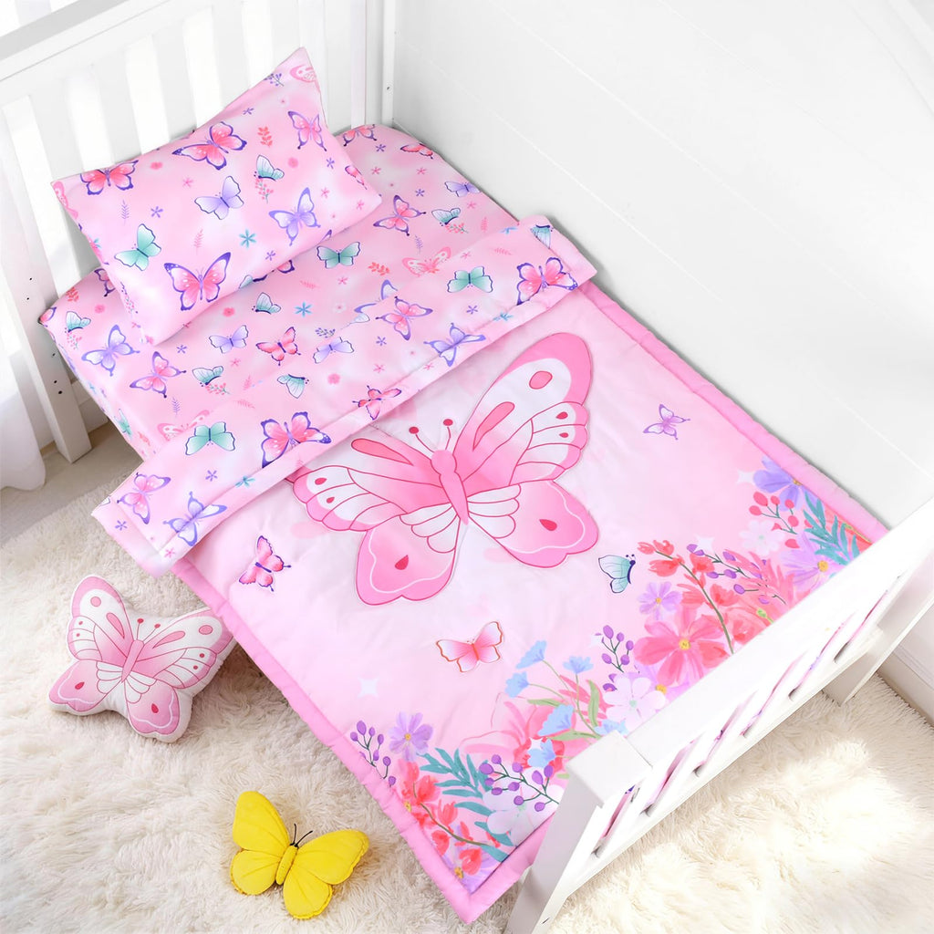 3 Piece Crib Bedding Set for Baby Girls Boys Pink Butterfly