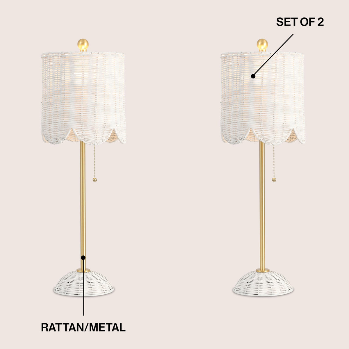 Celerie 27.5" Rattan Buffet Lamp, White/Brass Gold, Set of 2
