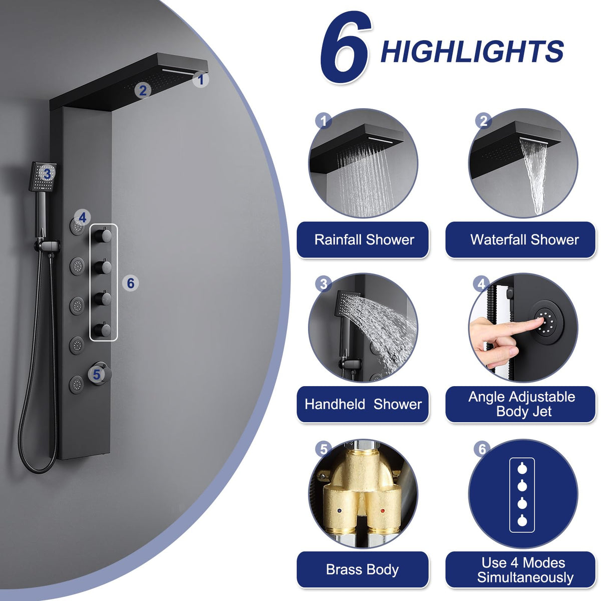 4-in-1 Rainfall Waterfall Shower Panel Tower System, Matte Black