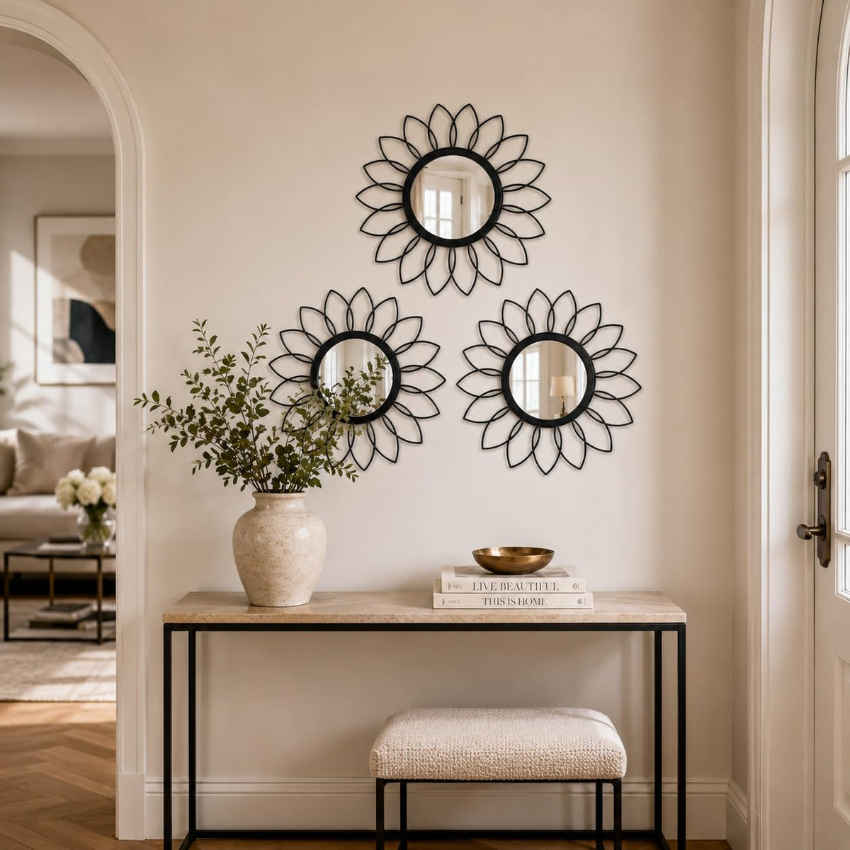 Black Flower Mirror Set of 3, 3PCS Metal Round Decorative Wall Mirrors, Floral Petal Accent Mirror Wall Decor