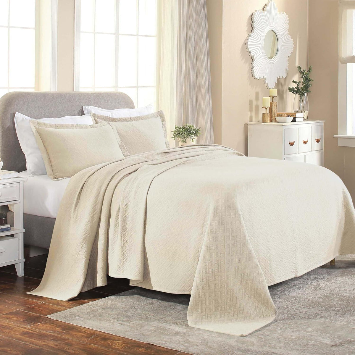 100% Cotton Basket Weave Bedspread with Shams, All-Season Premium Cotton Matelasse Jacquard Bedding, Quilted-Look