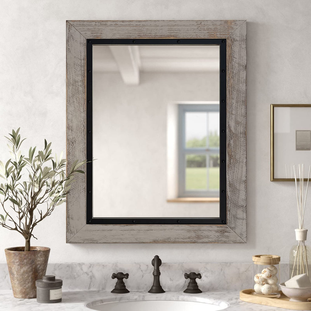 Rustic Wooden Framed Wall Mirror, 48"x30", Natural Wood and Iron Bathroom Vanity Mirror for Farmhouse Decor, Vertical