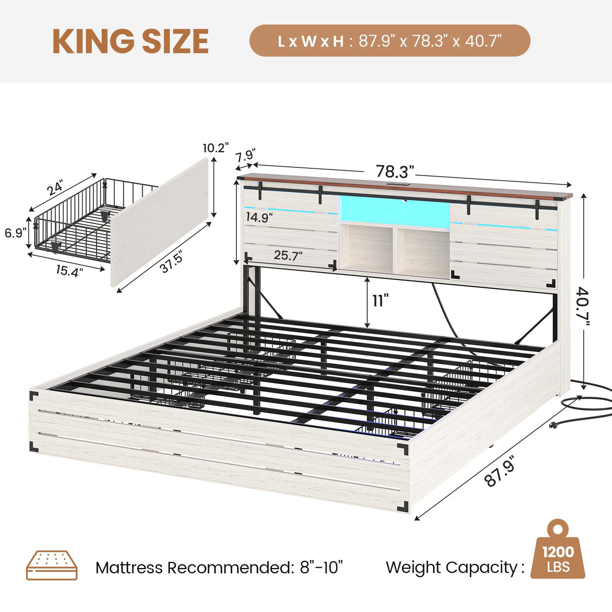 Wooden Bed Frame with Bookcase Headboard and Sliding Barn Door, Farmhouse Bed Frame with Charging