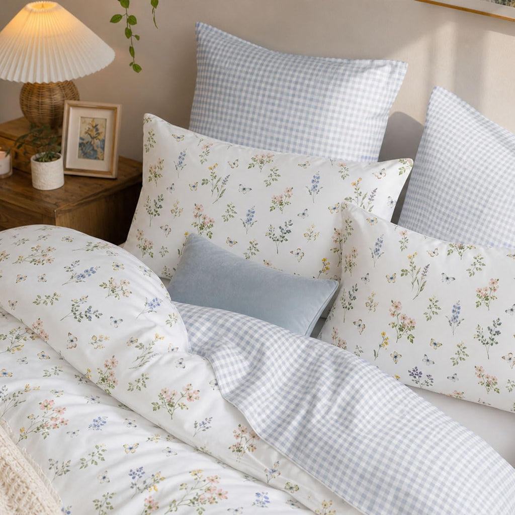 Floral Comforter Set Reversible Blue Gingham Bedding
