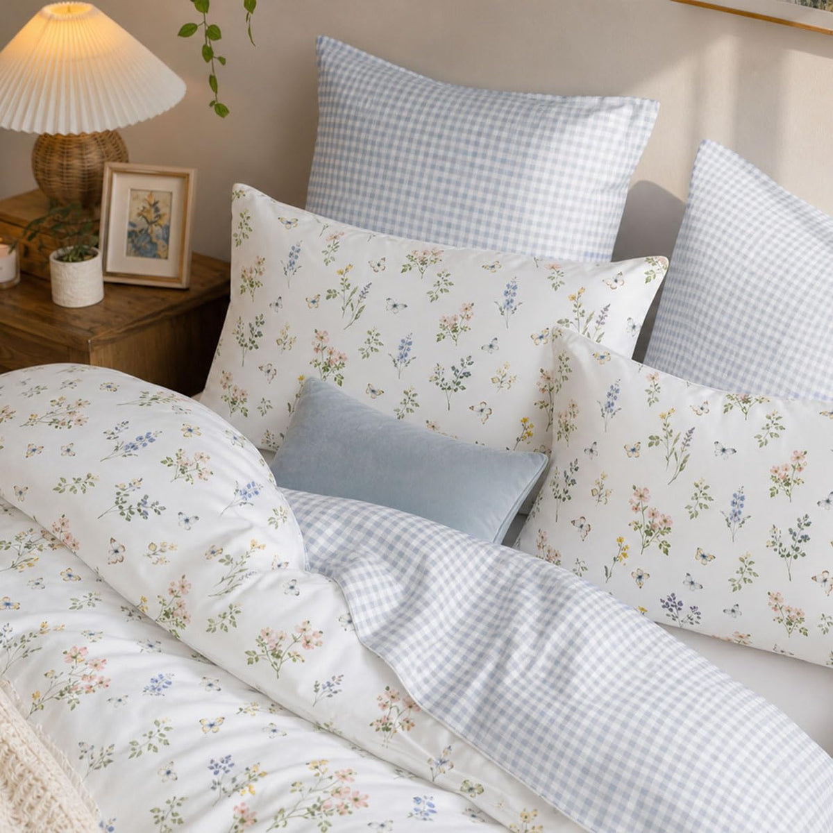 Gingham Duvet Cover 3 Pieces Colourful Floral Bedding Set