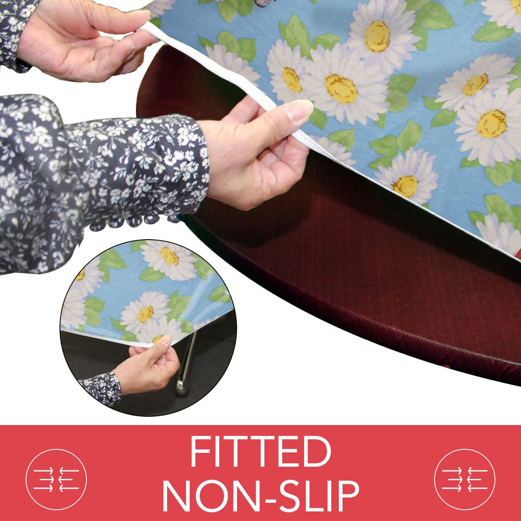 Deluxe Elastic Edged Flannel Backed Vinyl Fitted Table Cover - Daisy Pattern -Extra Large Round Oblong Oval - Fits
