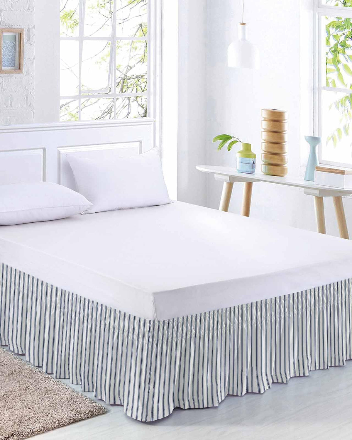 Navy Blue Striped Bed Skirt 16 Inch Drop, Farmhouse Geometric Minimalist Vertical Stripes Adjustable &