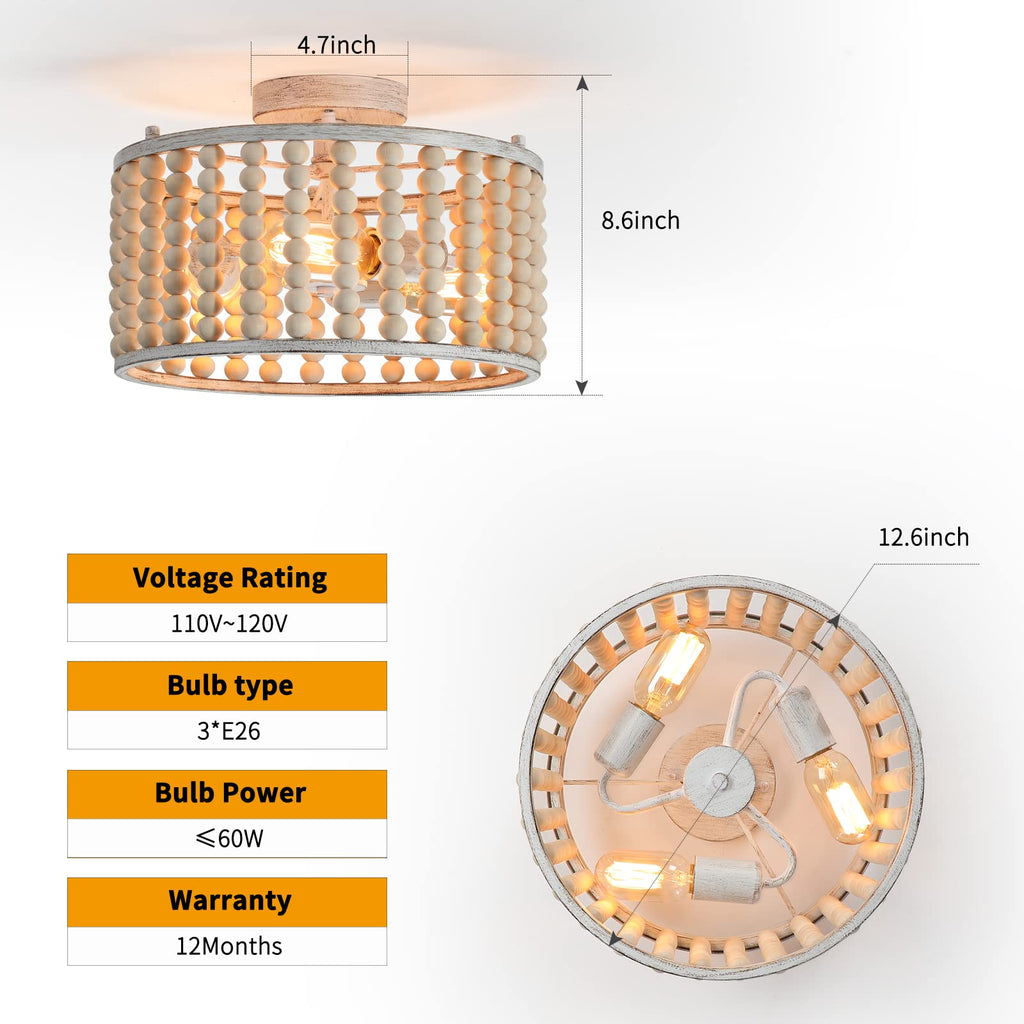 Wood Beaded Boho Chandelier Light Fixture, Semi Flush Mount Ceiling Light 3-Light Rustic Nursery Close to Ceiling