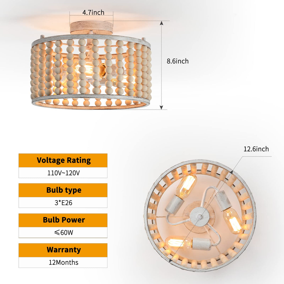 Wood Beaded Boho Chandelier Light Fixture, Semi Flush Mount Ceiling Light 3-Light Rustic Nursery Close to Ceiling