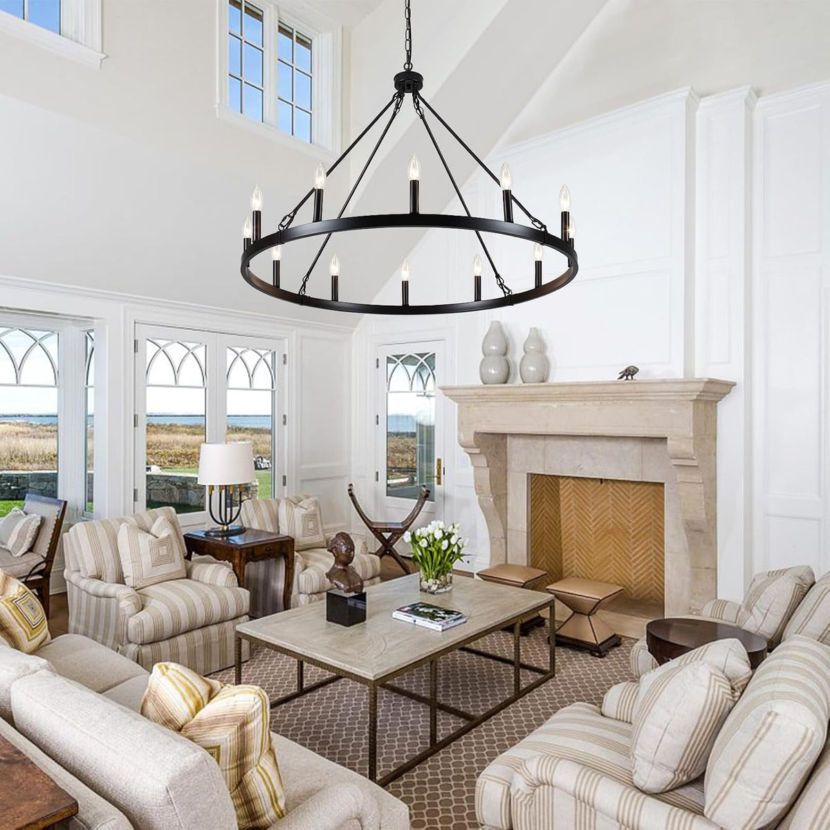 12-Light Black Farmhouse Wagon Wheel Chandelier