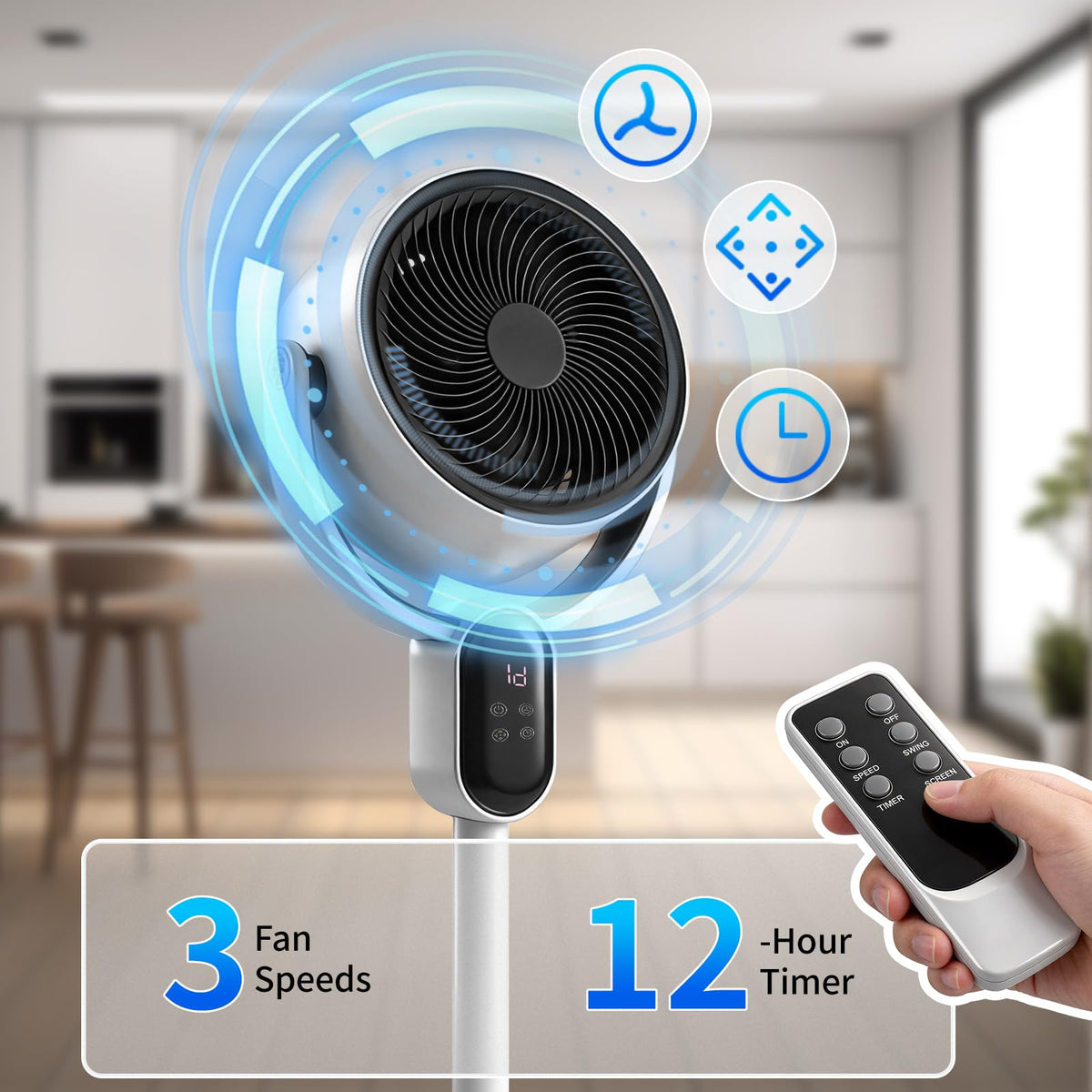 33 inch Standing Fan , 120°+ 90° Oscillating Fan, White