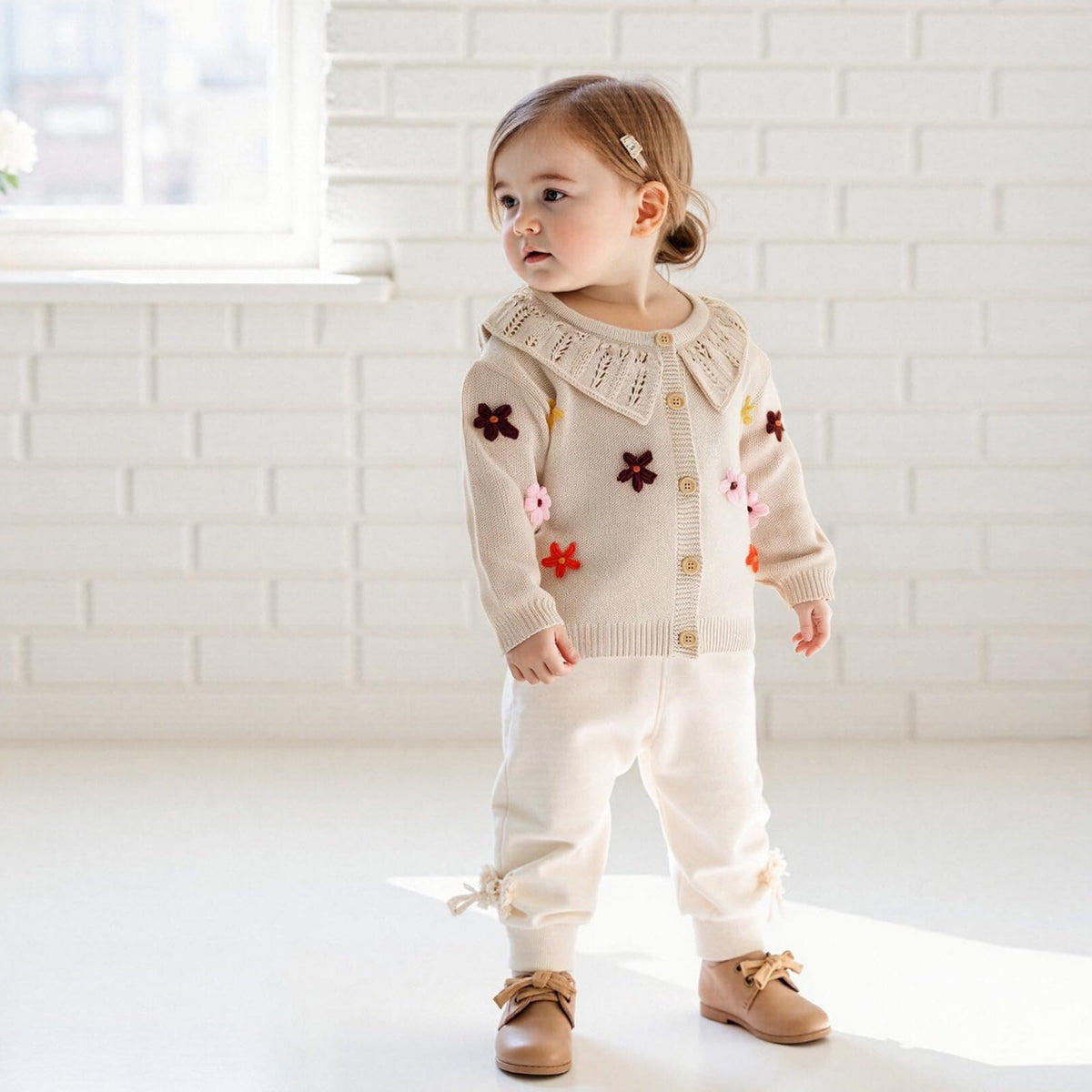 Toddler Girl Cardigan Sweater Floral Button Up Lapel Chunky Sweaters Blouse Jacket Infant Baby Knitted Clothes