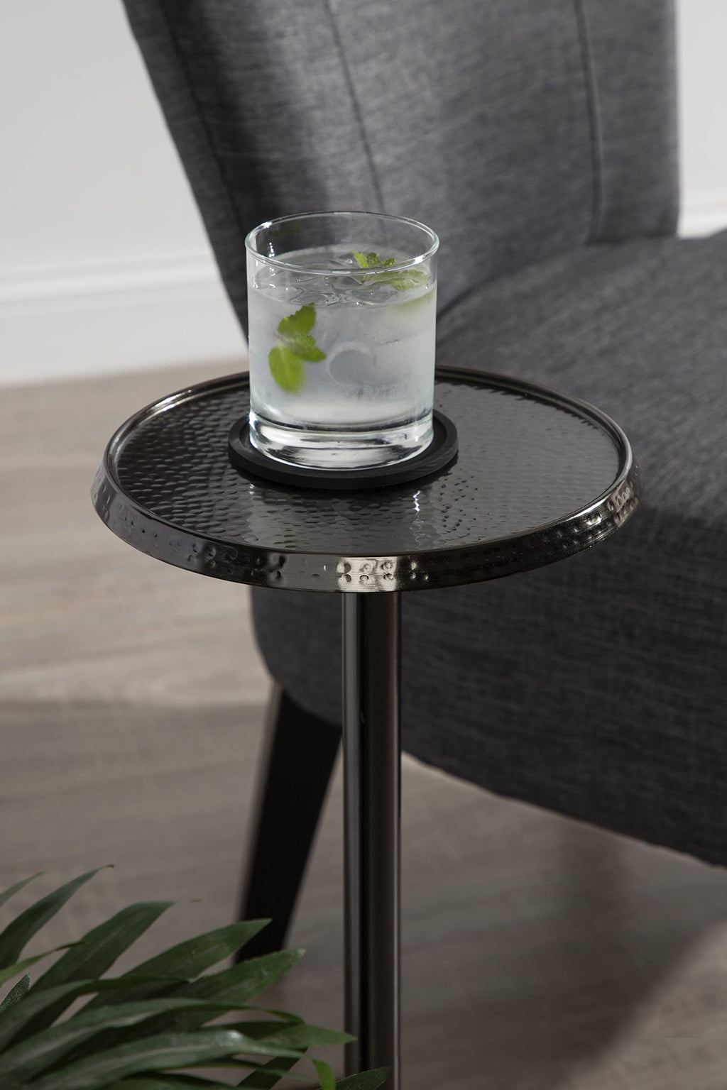 Inspired Saarinen Style Sanzo Modern Pedestal Side Table; 9 x 9 x 23; Pewter; Decorative with Hammered Tabletop