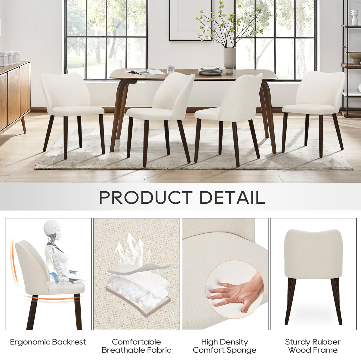Upholstered Set of 4, Modern Kitchen & Dining Room Chairs with Curved Back, Fabric Padded Seat and Solid Wood Legs