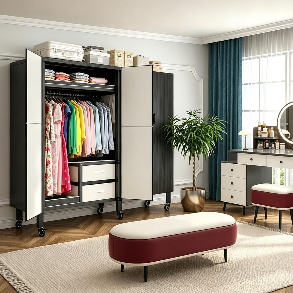 Portable Closet with Drawers Heavy Duty with Cover, KT-Black L:70.9in/180cm