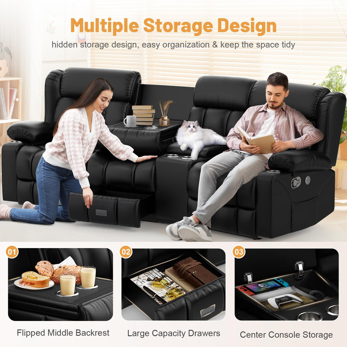 Recliner Sofa Set with Storage Console, Flip Middle Backrest Design 3 Seater Reclining Sofa and 2PC Single Recliner