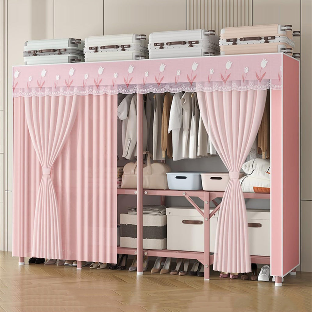 Portable Wardrobe Closet, Metal Freestanding Armoire with Fabric Cover, Large Capacity Clothes Organizer with Shelves