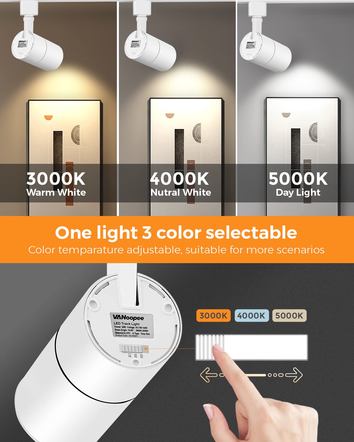 Zoomable 20W LED Track Lighting Heads H Type, White 3 Pack