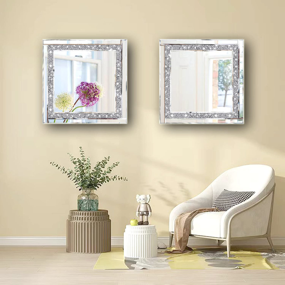 Crystal Crush Diamond Silver Mirror 12'' x 12'' 2PCS,Frameless Stylish Gorgeous Diamond Decor Glam Glass Mirror.