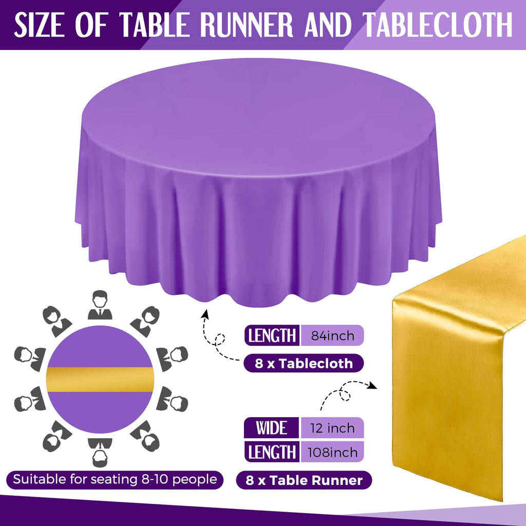16 Pcs Purple and Gold Round Tablecloth and Satin Runner Set