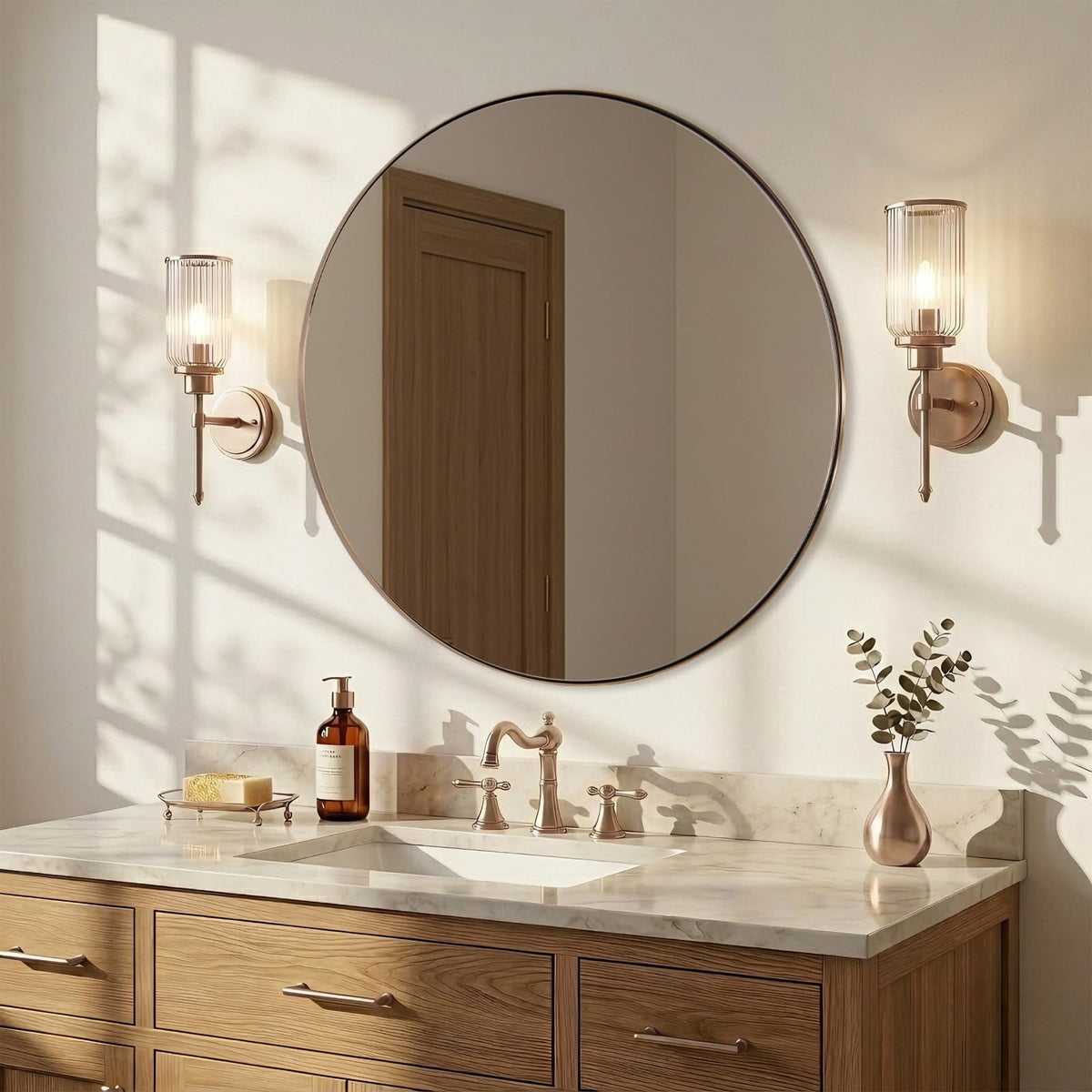 36 Inch Round Mirror, Champagne Bronze Circle Mirror for Wall